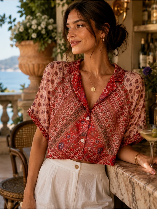 Zara Tops - Zara Red Printed Short Sleeve Button-Front Blouse